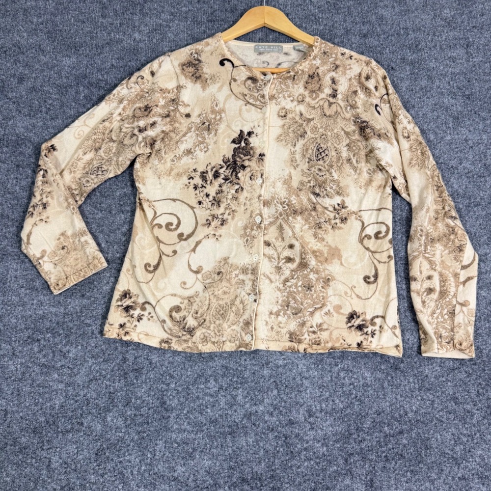 Kate Hill Cardigan Floral Paisley Womens XL Tan 100% Merino Wool EUC